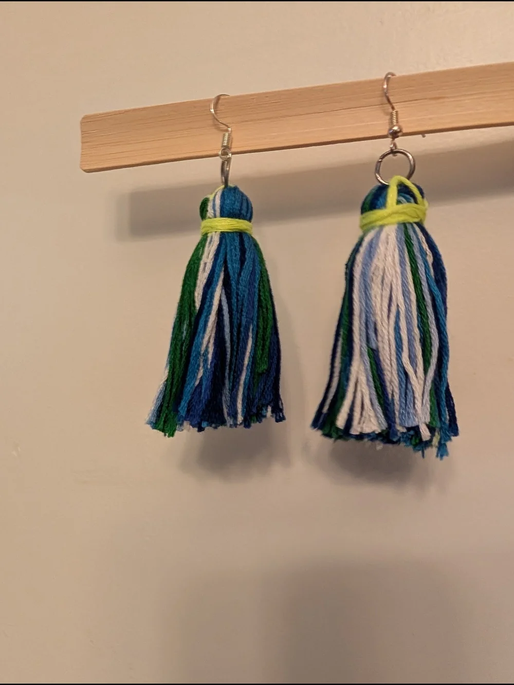 Handmade Blue, Green & White Tassel Earrings - Picture 2 of 2